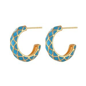 Blue Geometric Pattern Hoop Earrings 18K Gold Plated Stainless‎